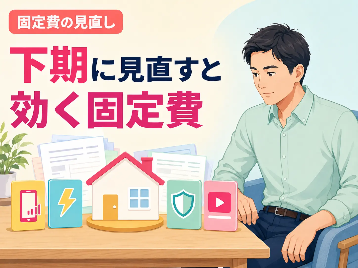 下期に固定費を見直す人と通信費・光熱費・保険・サブスクのイメージ