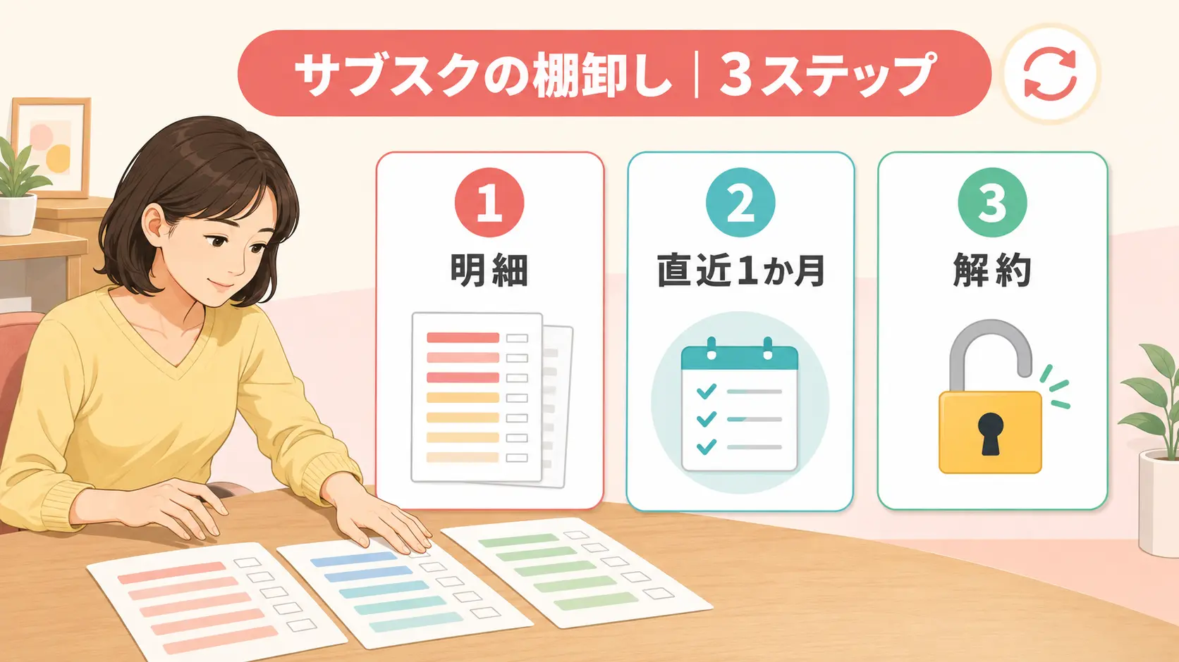 サブスクを明細確認・利用判定・解約の3段階で棚卸しする図