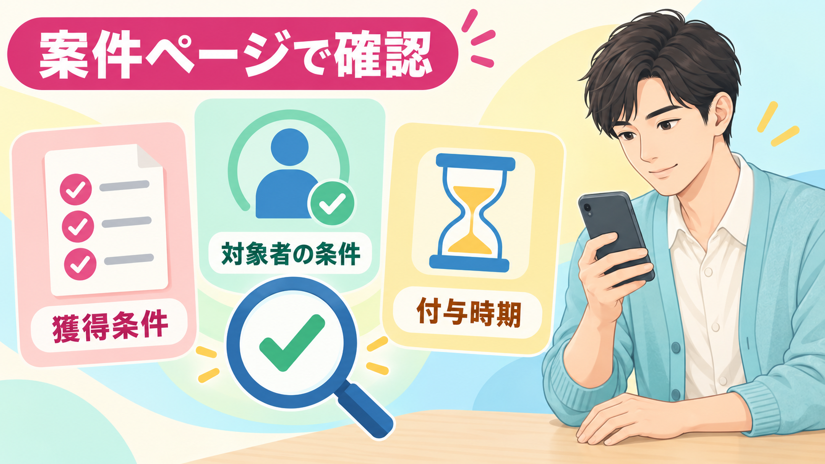 案件ページで確認する獲得条件・対象者の条件・付与時期