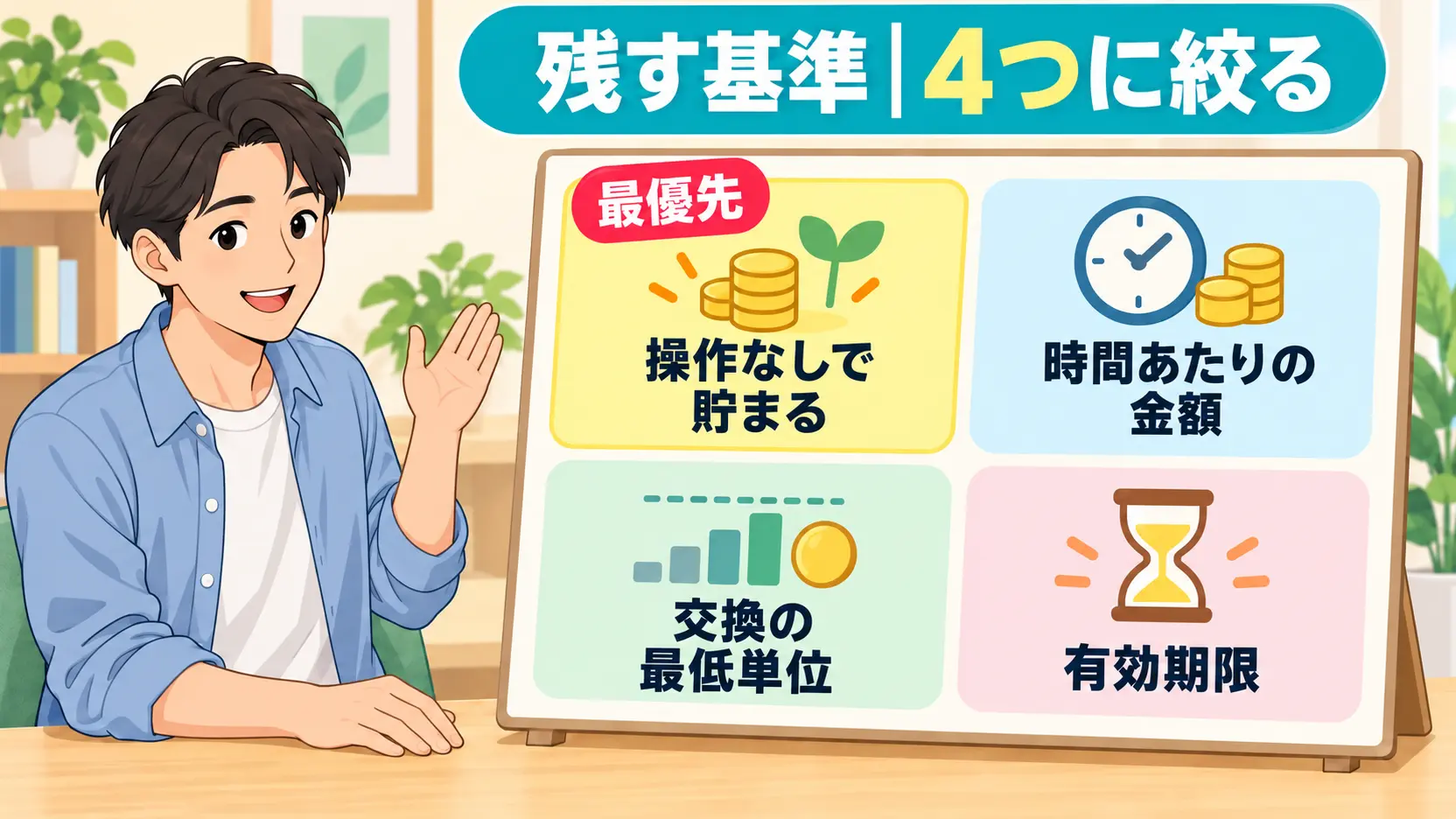 残すポイ活アプリを操作負担、時間あたりの金額、交換単位、有効期限の4つで選ぶ