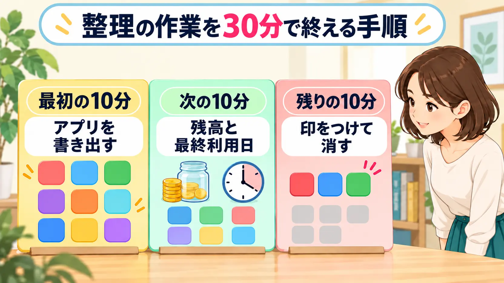 30分でアプリを書き出し、残高と最終利用日を確認し、印をつけて整理する手順