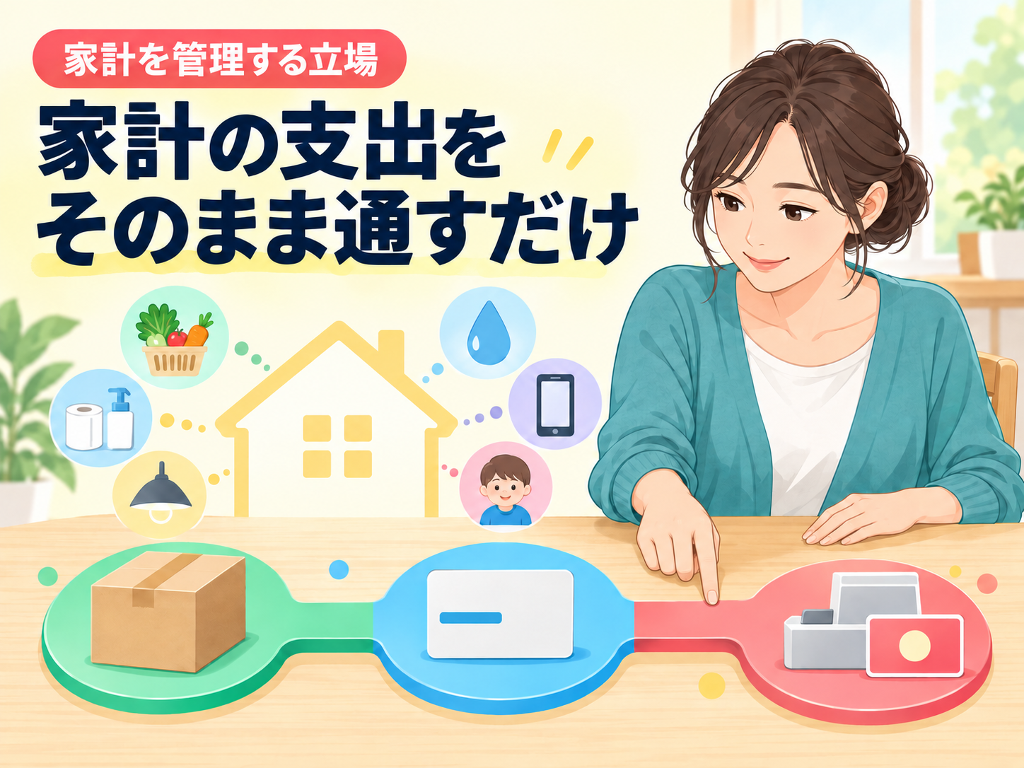家計の支出をネットの経由・支払い・店頭の提示につなげるイメージ