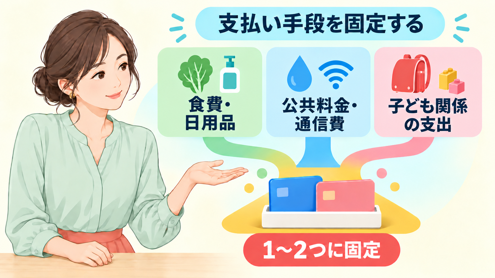 食費・日用品、公共料金・通信費、子ども関係の支出の支払い手段を1〜2つにまとめる図