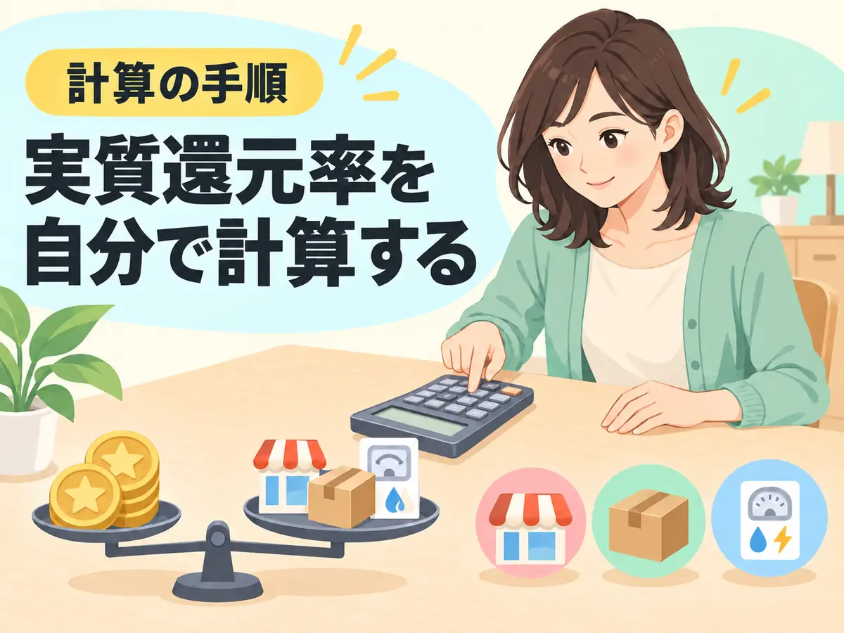 電卓で支出とポイントを確認し、実質還元率を自分で計算するイメージ