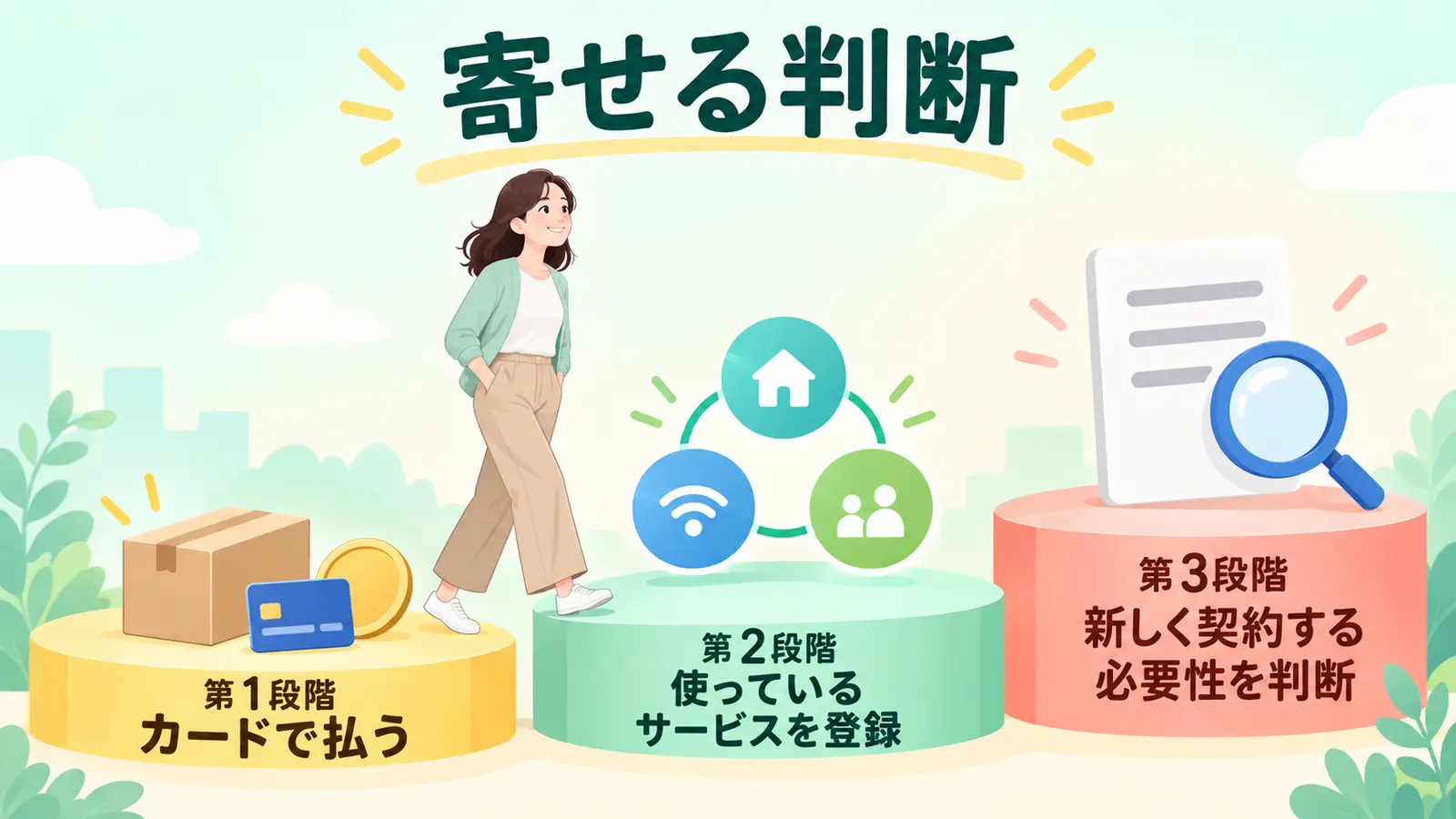 カード払い、利用中サービスの登録、新規契約の必要性を判断する3段階
