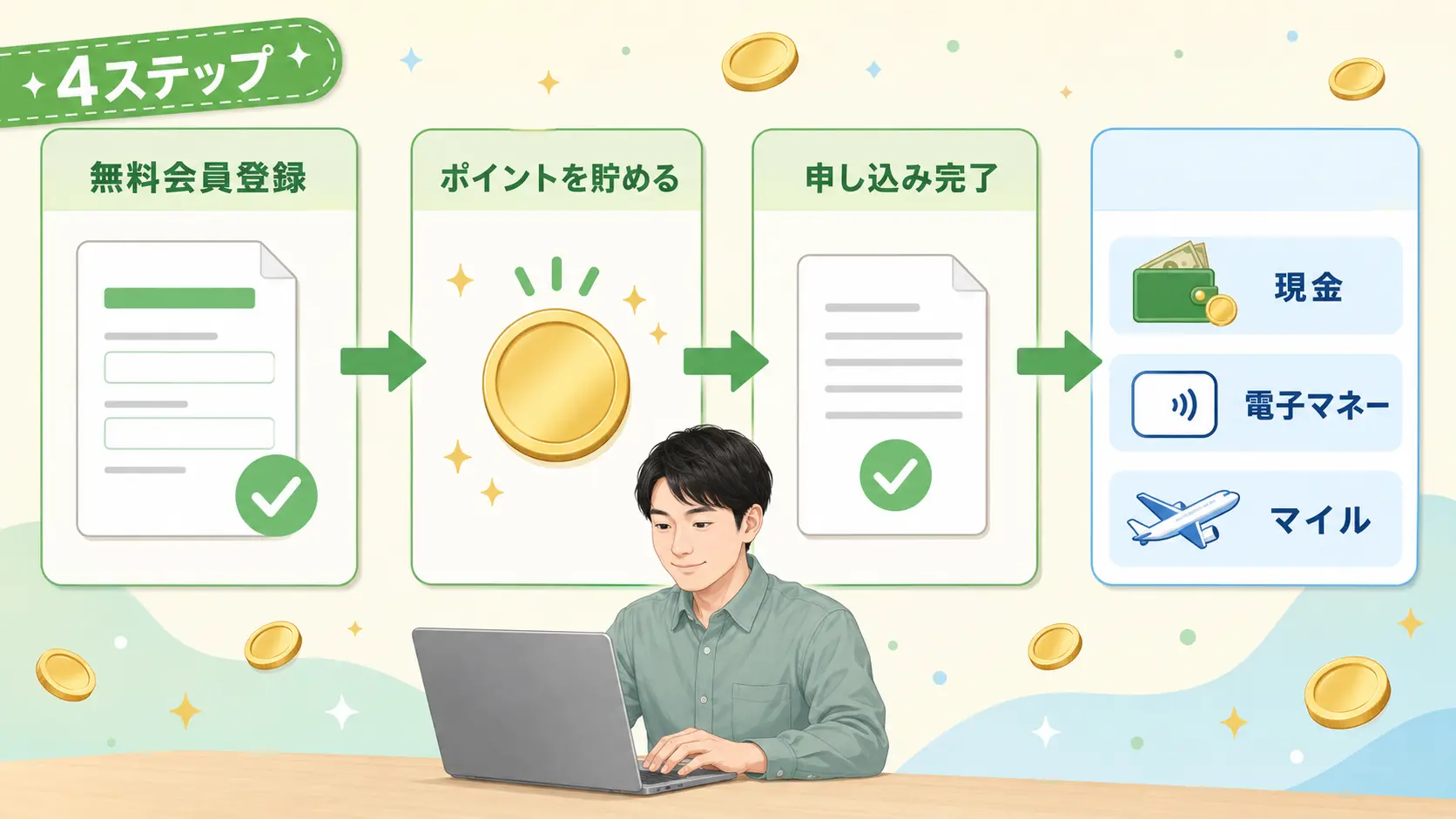 無料登録からポイント交換までのポイ活4ステップ