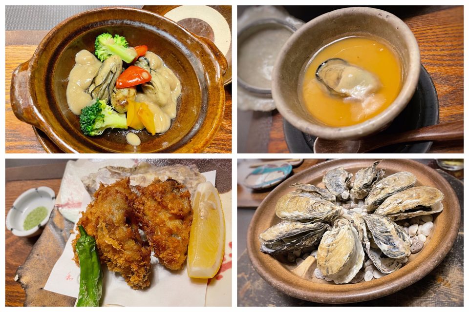 夕食　右上：牡蠣の茶碗蒸し、右下：蒸し牡蠣、左上：牡蠣のアヒージョ風、左下：牡蠣フライ