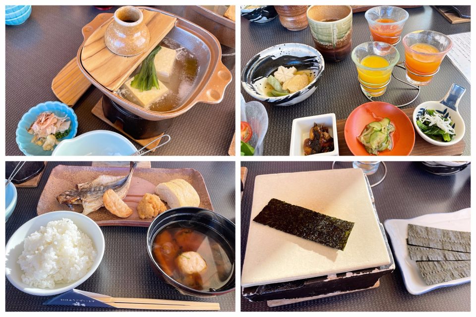 朝食　右上：ドリンク他、右下：赤穂の塩海苔、左上：湯豆腐、左下：干物・だし巻き・ご飯・みそ汁